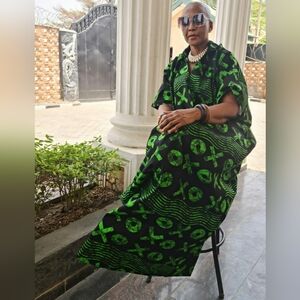 Green and Black Patterned Batik Print  hoodie Catan  Dress